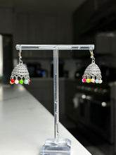 Load image into Gallery viewer, Mini Silver Jhumka Earrings w/ Multi Color Beads