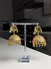 Load image into Gallery viewer, Lightweight Large Gold with Red and Green Jhumka Earrings