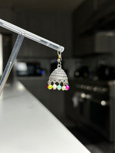 Load image into Gallery viewer, Mini Silver Jhumka Earrings w/ Multi Color Beads