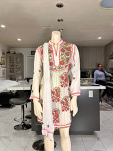 Load image into Gallery viewer, White Georgette Kurta Set with Red Floral Embroidery + Matching Scarf – Sheer Tunic
