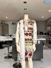Load image into Gallery viewer, White Georgette Kurta Set with Maroon & Olive Panel Embroidery + Matching Scarf – Sheer Tunic
