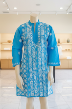 Load image into Gallery viewer, Blue w/Full White Embroidery Cotton Kurta