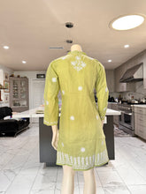 Load image into Gallery viewer, Pastel Olive Green w/White Floral Embroidery Cotton Embroidered Button-Front Kurta