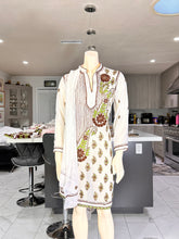 Load image into Gallery viewer, White Georgette Kurta with Brown & Olive Embroidery + Matching Scarf – Sheer Tunic