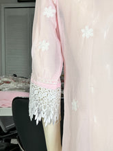 Load image into Gallery viewer, Blush Pink Embroidered Georgette Kurta Set with Lace Sleeves + Matching Scarf – Sheer Tunic