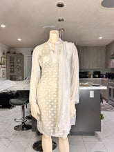 Load image into Gallery viewer, White Georgette Kurta Set with White Embroidery + Matching Scarf – Sheer Tunic