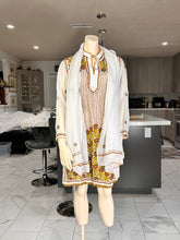 Load image into Gallery viewer, White Georgette Kurta Set with Gold Floral Embroidery + Matching Scarf – Sheer Tunic