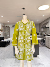 Load image into Gallery viewer, Mustard Green w/White Floral Embroidery Cotton Embroidered Button-Front Kurta
