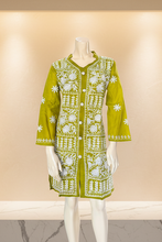 Load image into Gallery viewer, Mustard Green w/White Floral Embroidery Cotton Embroidered Button-Front Kurta