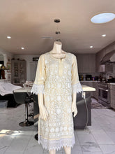 Load image into Gallery viewer, Ivory Embroidered Georgette Kurta Set with Lace Sleeves + Matching Scarf – Sheer Tunic
