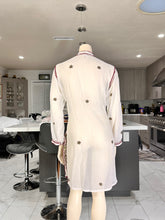 Load image into Gallery viewer, White Georgette Kurta Set with Maroon & Olive Panel Embroidery + Matching Scarf – Sheer Tunic