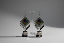 Load image into Gallery viewer, Long Silver Diamond Shaped Peacock Earrings
