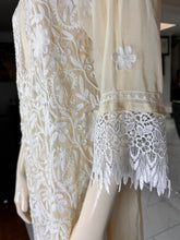 Load image into Gallery viewer, Ivory Embroidered Georgette Kurta Set with Lace Sleeves + Matching Scarf – Sheer Tunic