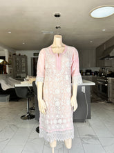 Load image into Gallery viewer, Blush Pink Embroidered Georgette Kurta Set with Lace Sleeves + Matching Scarf – Sheer Tunic