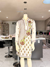 Load image into Gallery viewer, White Georgette Kurta with Brown & Olive Embroidery + Matching Scarf – Sheer Tunic