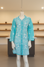 Load image into Gallery viewer, Pastel Ocean Blue w/White Floral Cotton Embroidered Button-Front Kurta
