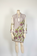 Load image into Gallery viewer, White Georgette Kurta with Purple & Olive Floral Embroidery – Sheer Tunic