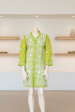 Load image into Gallery viewer, Lime Green w/White Floral Embroidery Cotton Embroidered Button-Front Kurta