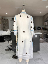 Load image into Gallery viewer, White Georgette Kurta Set with Blue Floral Embroidery + Matching Scarf – Sheer Tunic