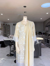Load image into Gallery viewer, Ivory Embroidered Georgette Kurta Set with Lace Sleeves + Matching Scarf – Sheer Tunic