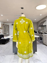 Load image into Gallery viewer, Mustard Green w/White Floral Embroidery Cotton Embroidered Button-Front Kurta