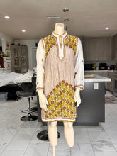 Load image into Gallery viewer, White Georgette Kurta Set with Gold Floral Embroidery + Matching Scarf – Sheer Tunic