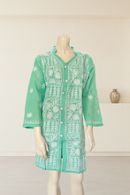 Load image into Gallery viewer, Sea Green w/White Floral Embroidery Cotton Embroidered Button-Front Kurta