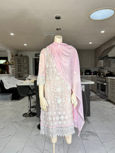 Load image into Gallery viewer, Blush Pink Embroidered Georgette Kurta Set with Lace Sleeves + Matching Scarf – Sheer Tunic