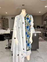 Load image into Gallery viewer, White Georgette Kurta Set with Blue Floral Embroidery + Matching Scarf – Sheer Tunic
