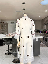 Load image into Gallery viewer, White Georgette Kurta with Maroon & Olive Floral Embroidery + Lace Trim – Sheer Tunic