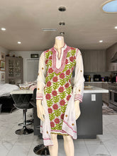 Load image into Gallery viewer, White Georgette Kurta with Pink & Green Floral Embroidery – Sheer Tunic + Matching Scarf