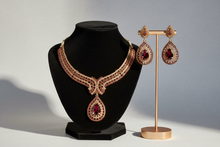 Load image into Gallery viewer, Rose Gold Crystal Statement Necklace Set with Ruby Drops – Indian Party Jewelry