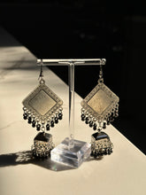 Load image into Gallery viewer, Long Silver Diamond Shaped Peacock Earrings