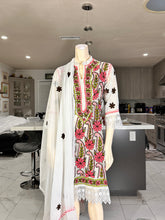 Load image into Gallery viewer, White Georgette Kurta Set with Pink Floral Embroidery + Matching Scarf – Sheer Tunic