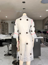 Load image into Gallery viewer, White Georgette Kurta Set with Pink Floral Embroidery + Matching Scarf – Sheer Tunic