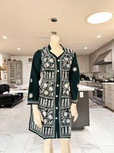 Load image into Gallery viewer, Dark Green w/White Floral Embroidery Cotton Embroidered Button-Front Kurta