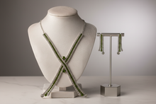 Load image into Gallery viewer, Olive Green Crystal X Lariat Necklace Set – Silver Indian Party Jewelry