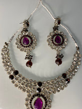 Load image into Gallery viewer, Purple Crystal Statement Necklace Set – Silver Indian Party Jewelry