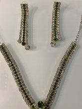 Load image into Gallery viewer, Olive Green Crystal X Lariat Necklace Set – Silver Indian Party Jewelry