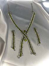 Load image into Gallery viewer, Olive Green Crystal X Lariat Necklace Set – Silver Indian Party Jewelry
