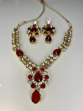 Load image into Gallery viewer, Red Crystal Statement Necklace Set – Gold Indian Party Jewelry