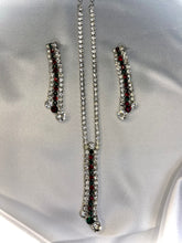 Load image into Gallery viewer, Silver Crystal Y Necklace Set with Red & Green Accents