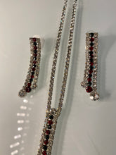 Load image into Gallery viewer, Silver Crystal Y Necklace Set with Red & Green Accents