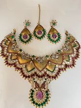 Load image into Gallery viewer, Jodha Akbar Style Statement Necklace Set with Tikka, Pink & Green Crystals – Indian Party Jewelry