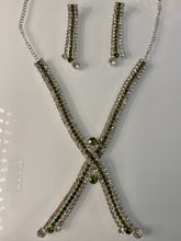 Load image into Gallery viewer, Olive Green Crystal X Lariat Necklace Set – Silver Indian Party Jewelry
