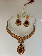 Load image into Gallery viewer, Rose Gold Crystal Statement Necklace Set with Ruby Drops – Indian Party Jewelry