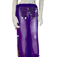 Load image into Gallery viewer, Purple Coin Slit Dance Pants – Sheer Belly Dance Festival Pants