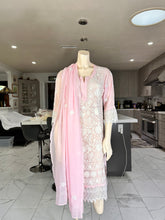 Load image into Gallery viewer, Blush Pink Embroidered Georgette Kurta Set with Lace Sleeves + Matching Scarf – Sheer Tunic