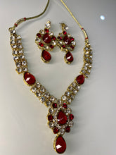 Load image into Gallery viewer, Red Crystal Statement Necklace Set – Gold Indian Party Jewelry