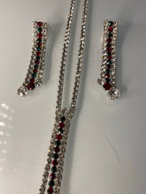 Load image into Gallery viewer, Silver Crystal Y Necklace Set with Red & Green Accents